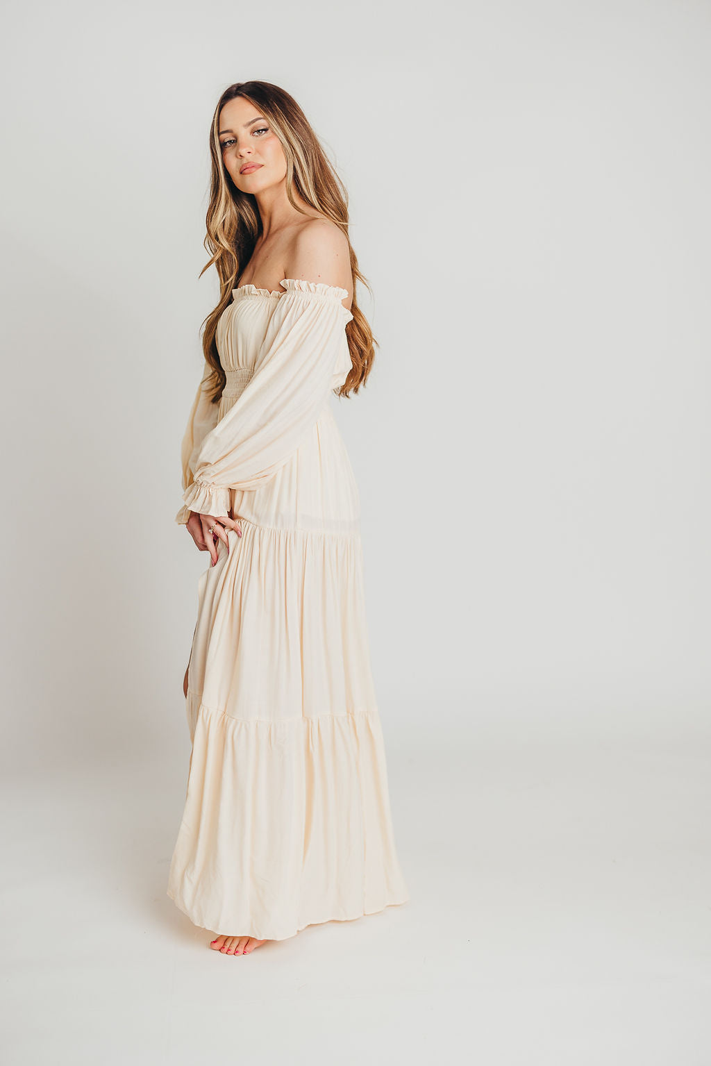 Harper Cru Long Sleeve Off-Shoulder Maxi Dress in Cream (S-XL)