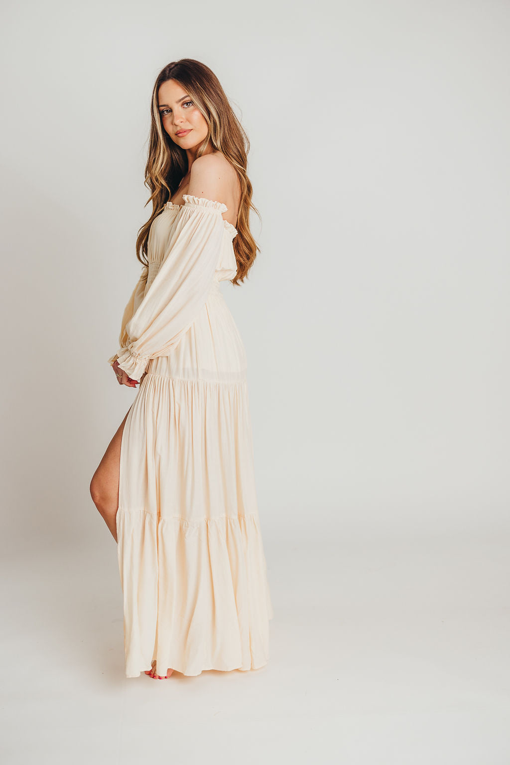 Harper Cru Long Sleeve Off-Shoulder Maxi Dress in Cream (S-XL)