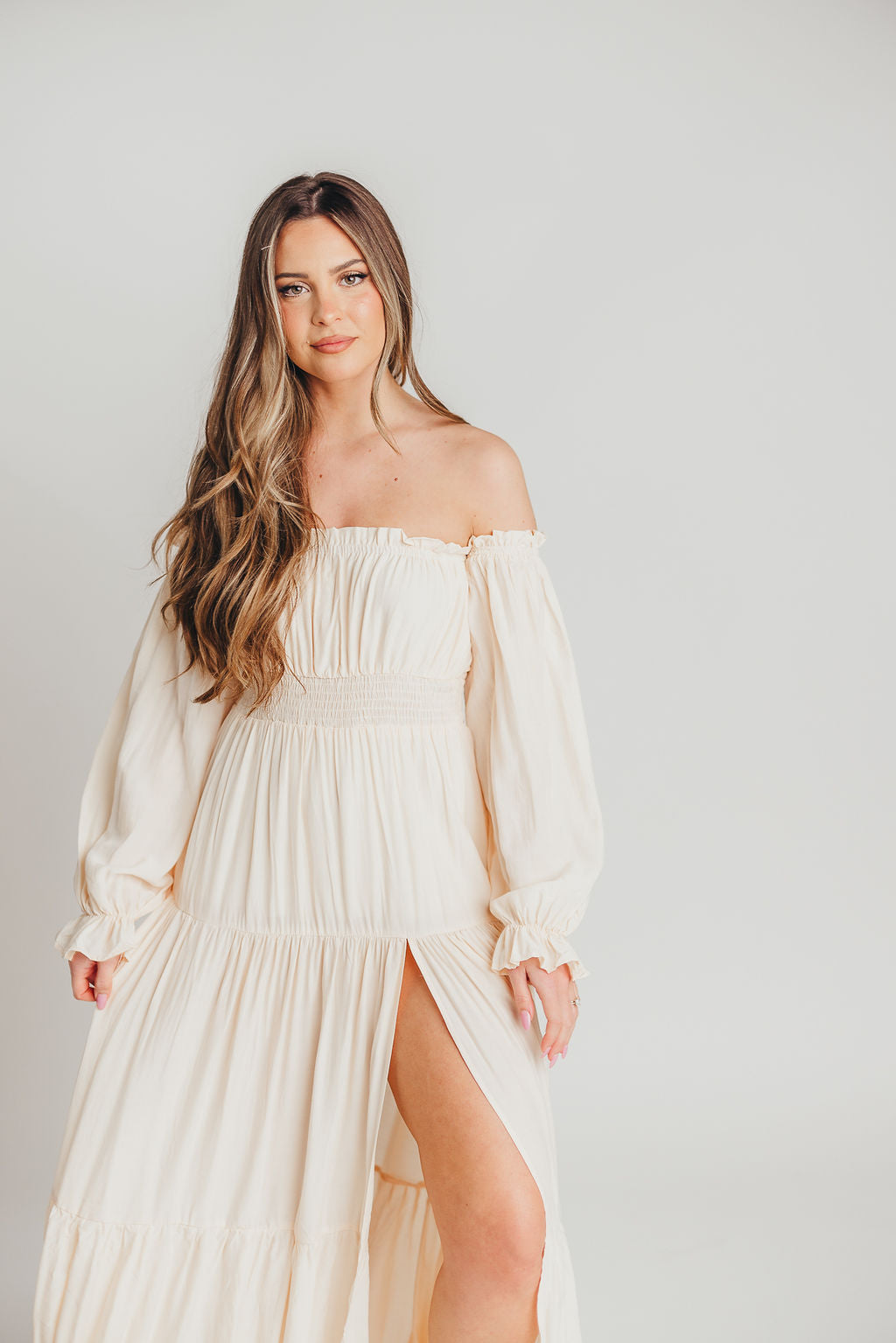 Harper Cru Long Sleeve Off-Shoulder Maxi Dress in Cream (S-XL)