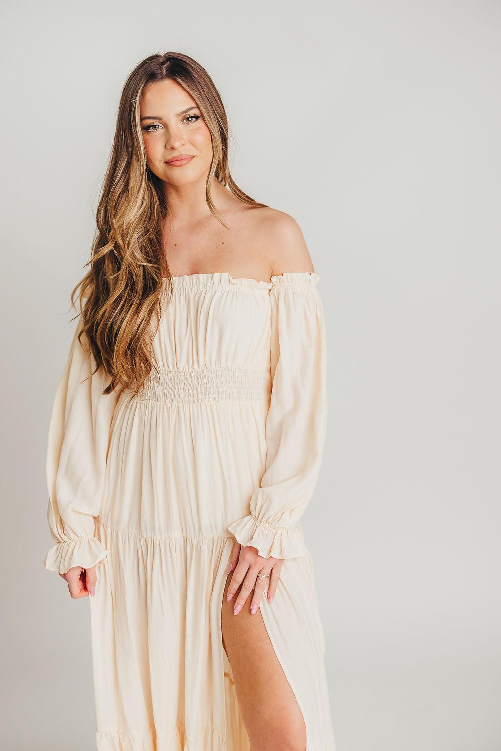 Harper Cru Long Sleeve Off-Shoulder Maxi Dress in Cream (S-XL)