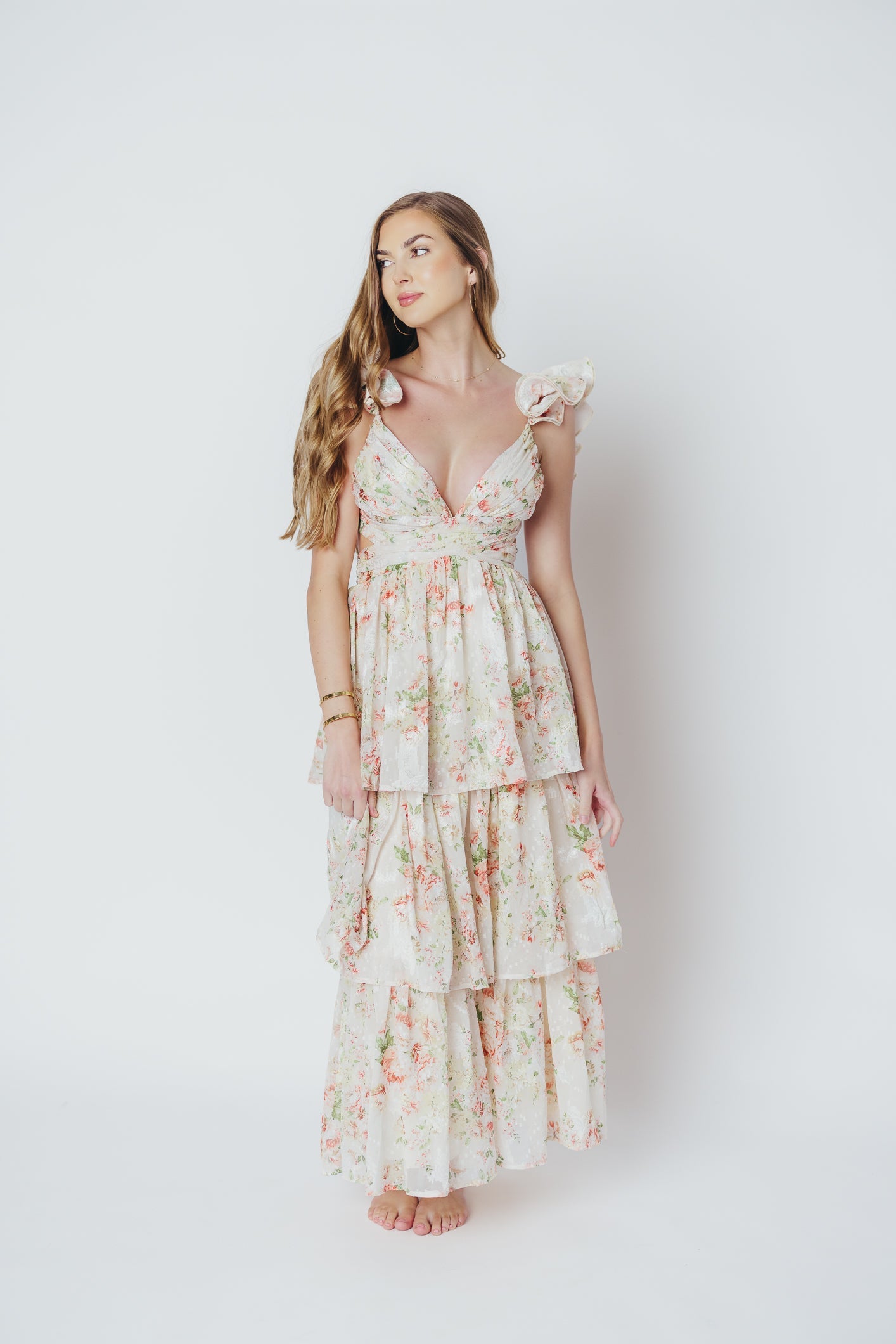 Ingrid Tiered Maxi Dress in Cream Multi Floral