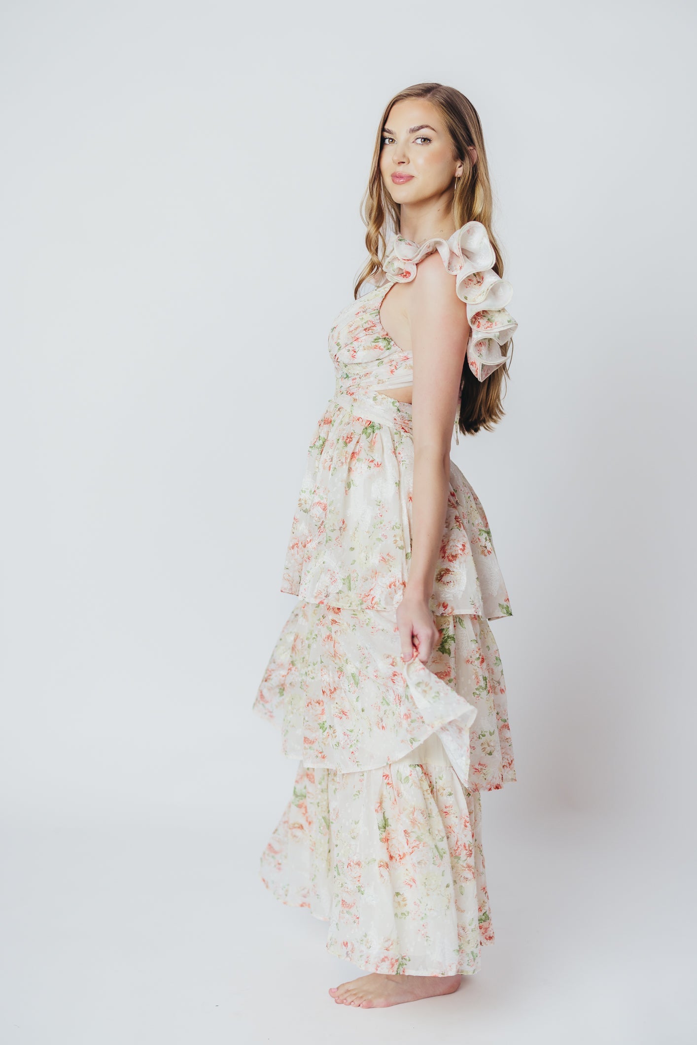 Ingrid Tiered Maxi Dress in Cream Multi Floral