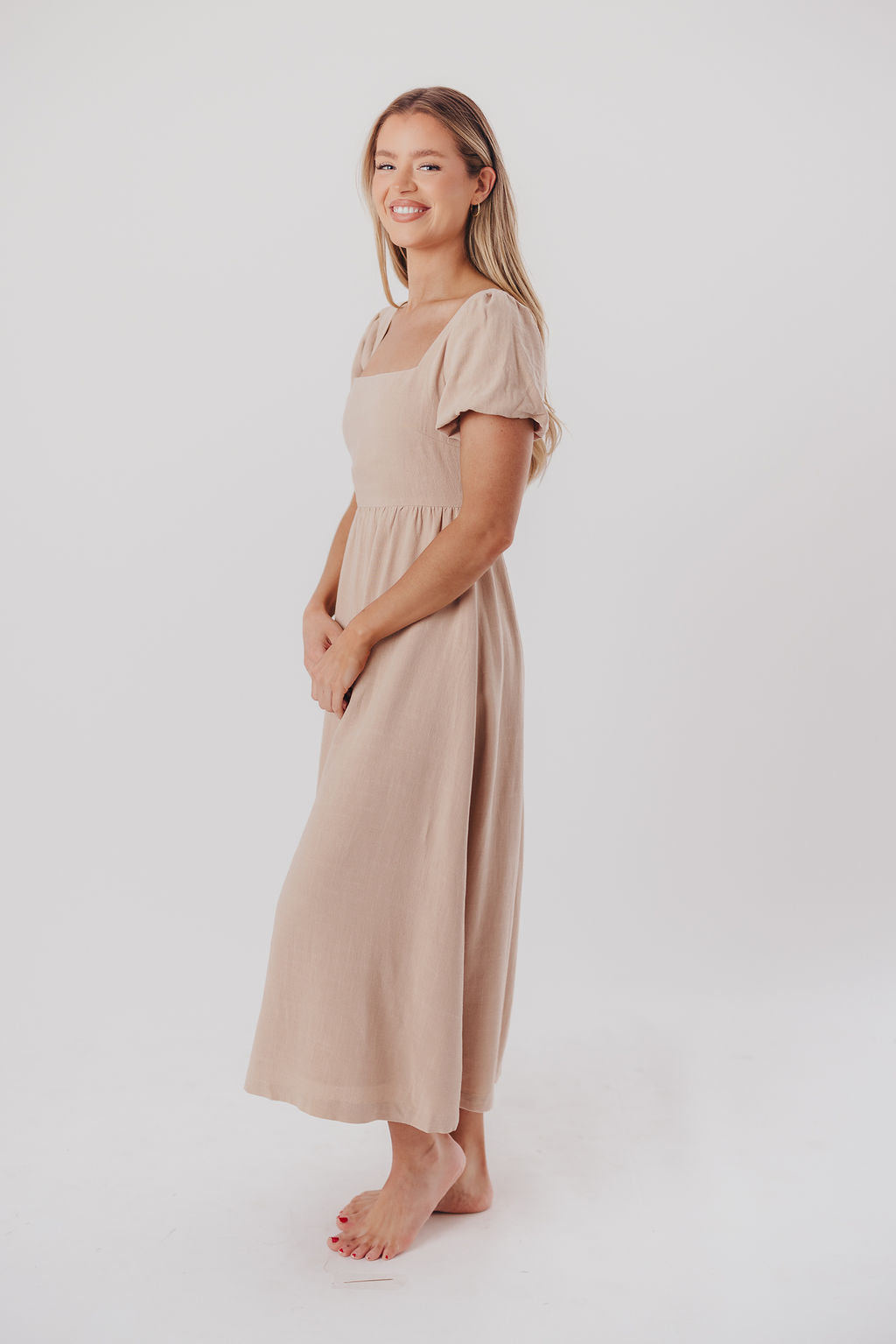 Ainsley Square Neck Midi Dress with Puffed Sleeves in Deep Taupe - Bump Friendly