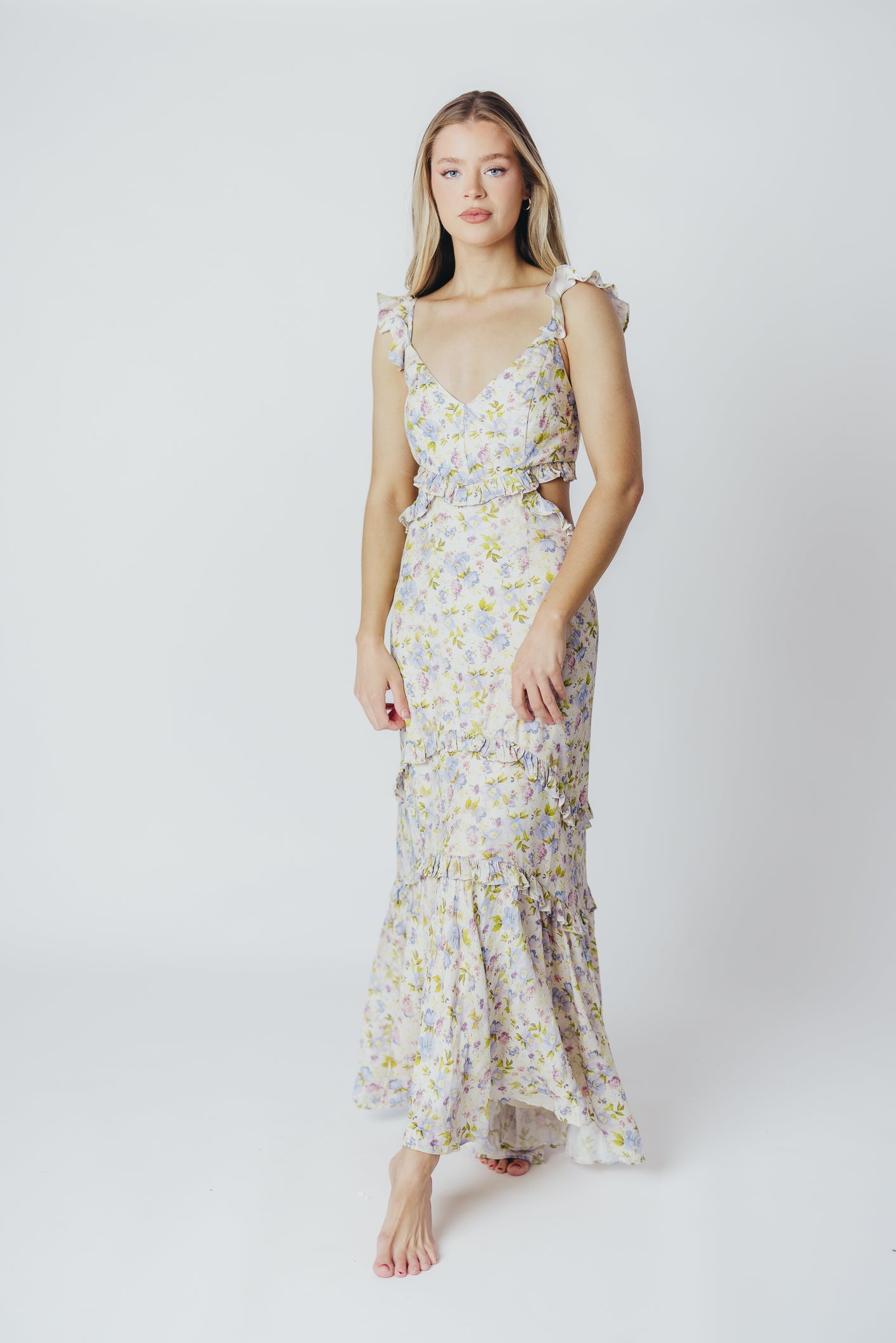 ASTR Rebecca Maxi Dress in Taupe Purple Floral