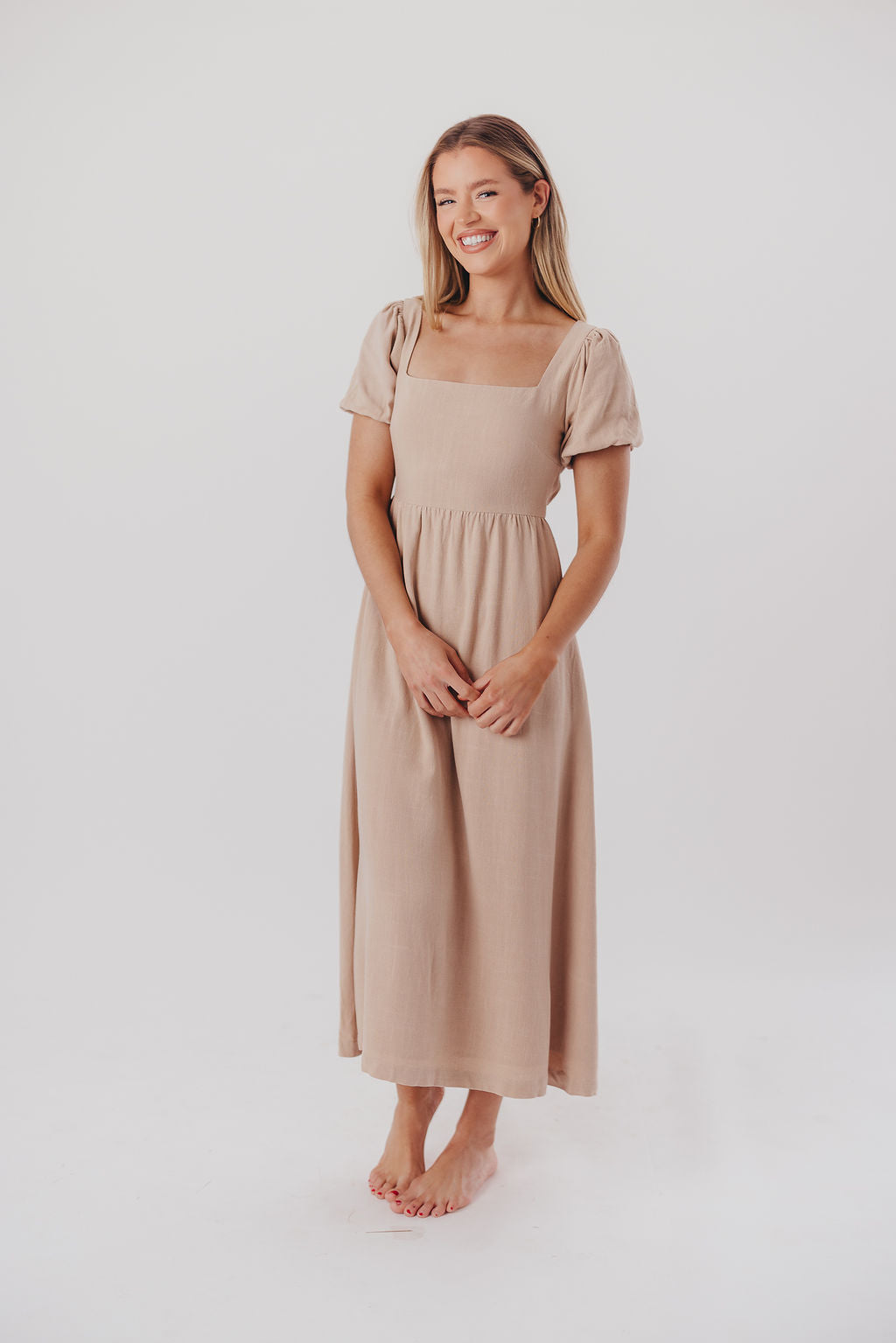 Ainsley Square Neck Midi Dress with Puffed Sleeves in Deep Taupe - Bump Friendly