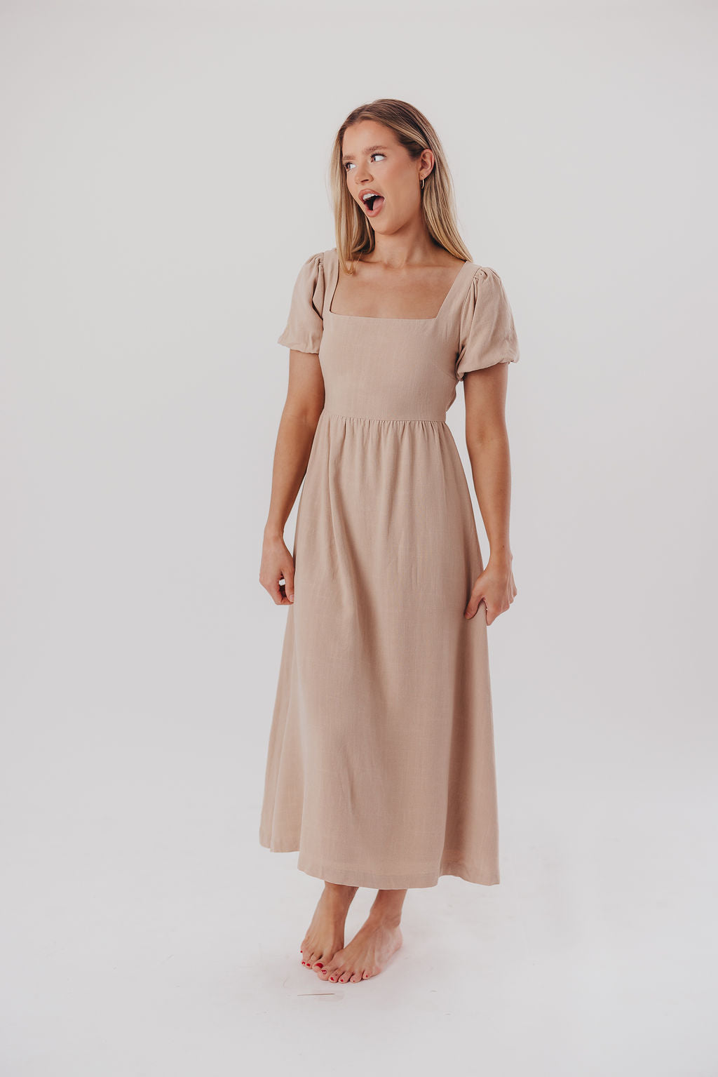 Ainsley Square Neck Midi Dress with Puffed Sleeves in Deep Taupe - Bump Friendly