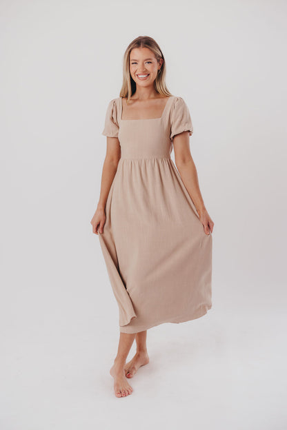 Ainsley Square Neck Midi Dress with Puffed Sleeves in Deep Taupe - Bump Friendly