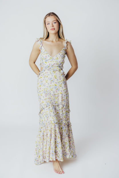 ASTR Rebecca Maxi Dress in Taupe Purple Floral