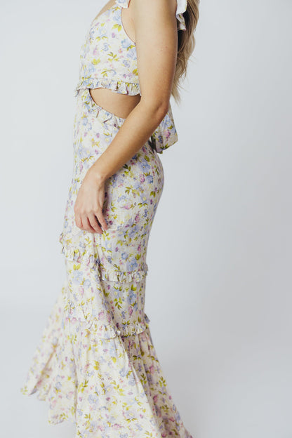 ASTR Rebecca Maxi Dress in Taupe Purple Floral