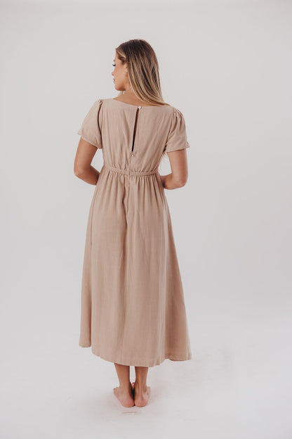 Ainsley Square Neck Midi Dress with Puffed Sleeves in Deep Taupe - Bump Friendly