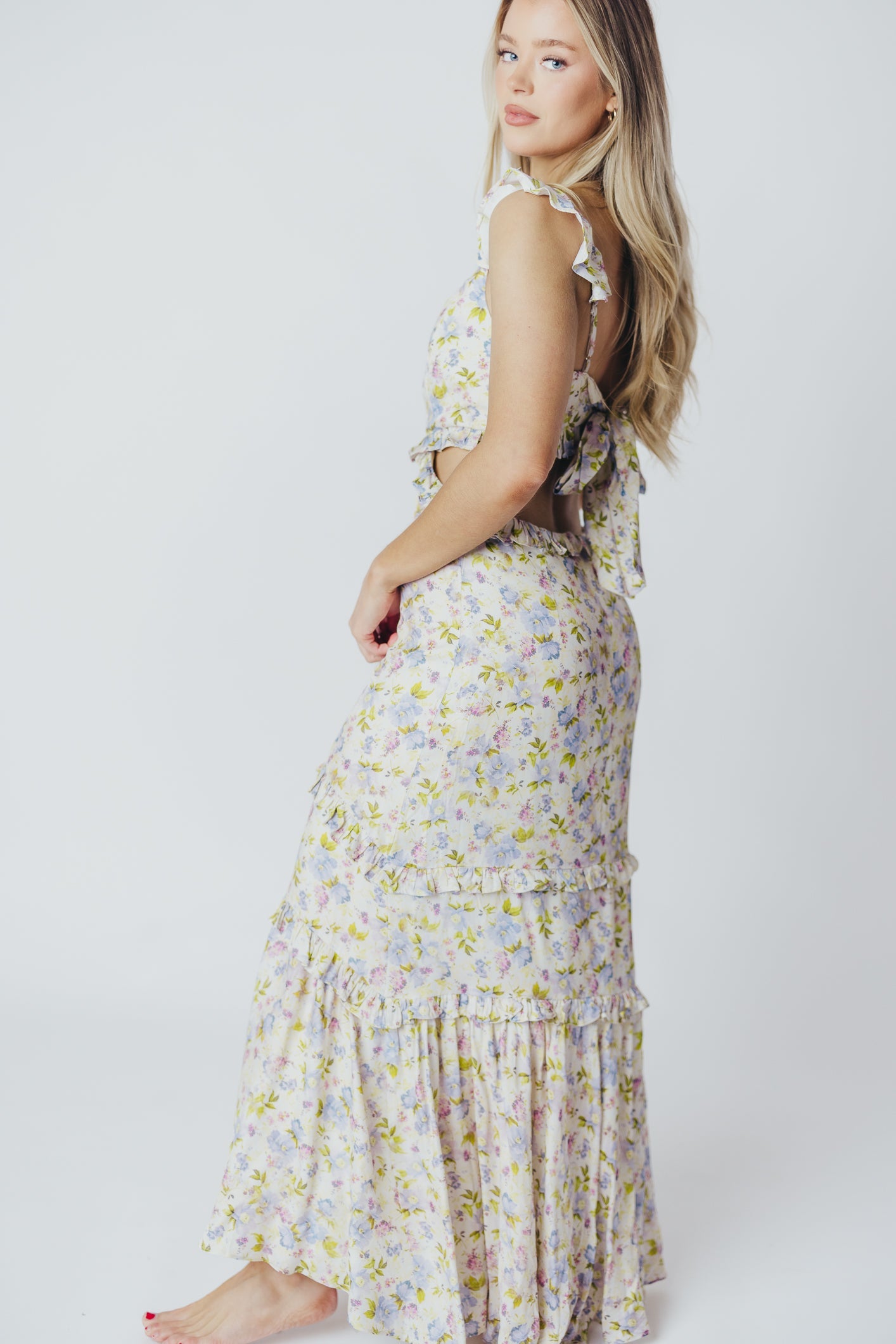 ASTR Rebecca Maxi Dress in Taupe Purple Floral