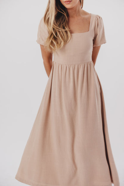 Ainsley Square Neck Midi Dress with Puffed Sleeves in Deep Taupe - Bump Friendly