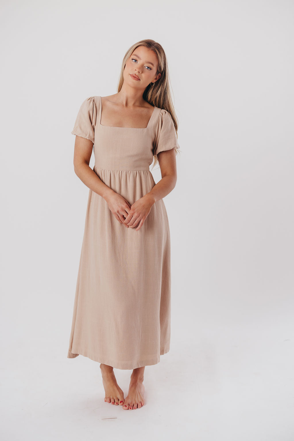 Ainsley Square Neck Midi Dress with Puffed Sleeves in Deep Taupe - Bump Friendly