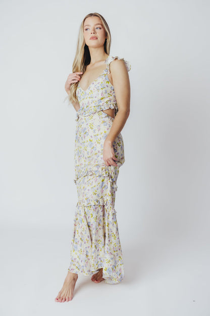 ASTR Rebecca Maxi Dress in Taupe Purple Floral