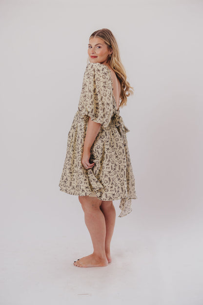 Melody Mini Dress with Pleats and Bow Detail in Ivory Vintage Tea