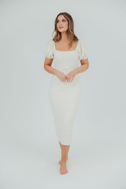 Blakeley Textured Midi Dress in Ivory - Bump Friendly & Inclusive Sizing (S-3XL)