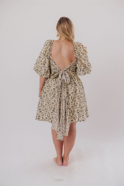 Melody Mini Dress with Pleats and Bow Detail in Ivory Vintage Tea