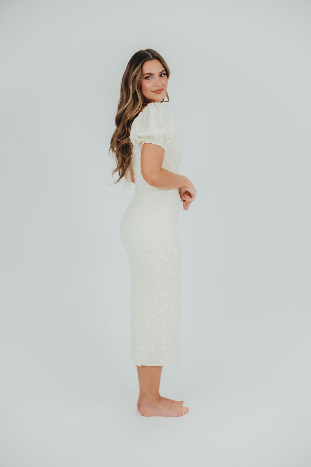 Blakeley Textured Midi Dress in Ivory - Bump Friendly & Inclusive Sizing (S-3XL)