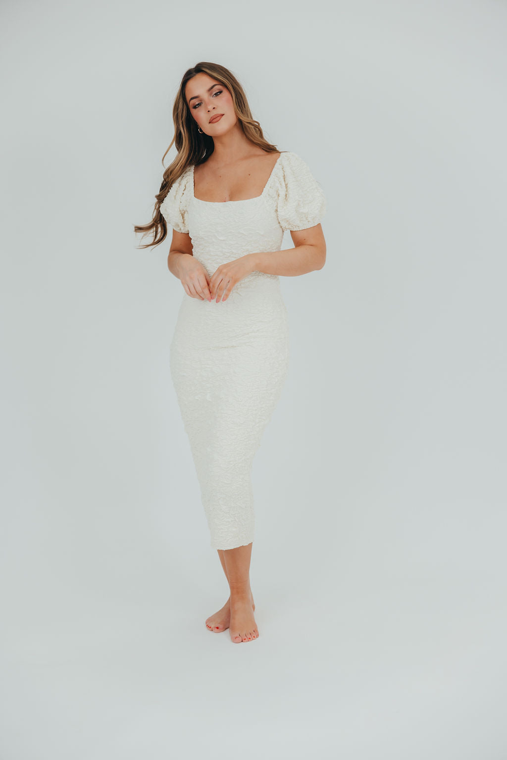 Blakeley Textured Midi Dress in Ivory - Bump Friendly & Inclusive Sizing (S-3XL)