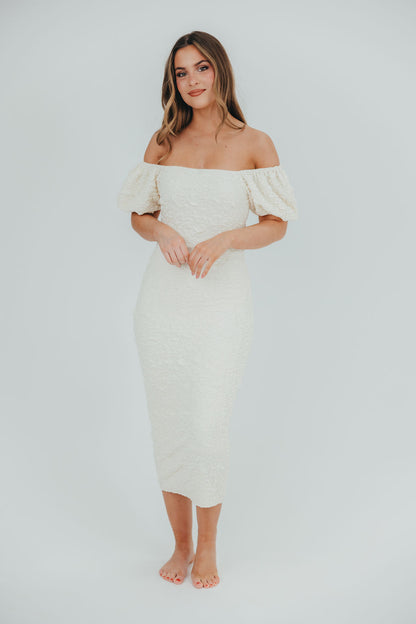 Blakeley Textured Midi Dress in Ivory - Bump Friendly & Inclusive Sizing (S-3XL)