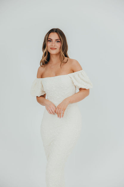 Blakeley Textured Midi Dress in Ivory - Bump Friendly & Inclusive Sizing (S-3XL)