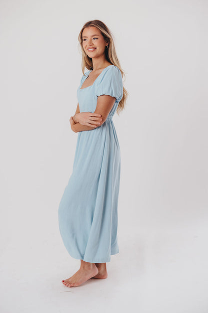 Ainsley Square Neck Midi Dress with Puffed Sleeves in Baby Blue - Bump Friendly & Inclusive Sizing (S-3XL)