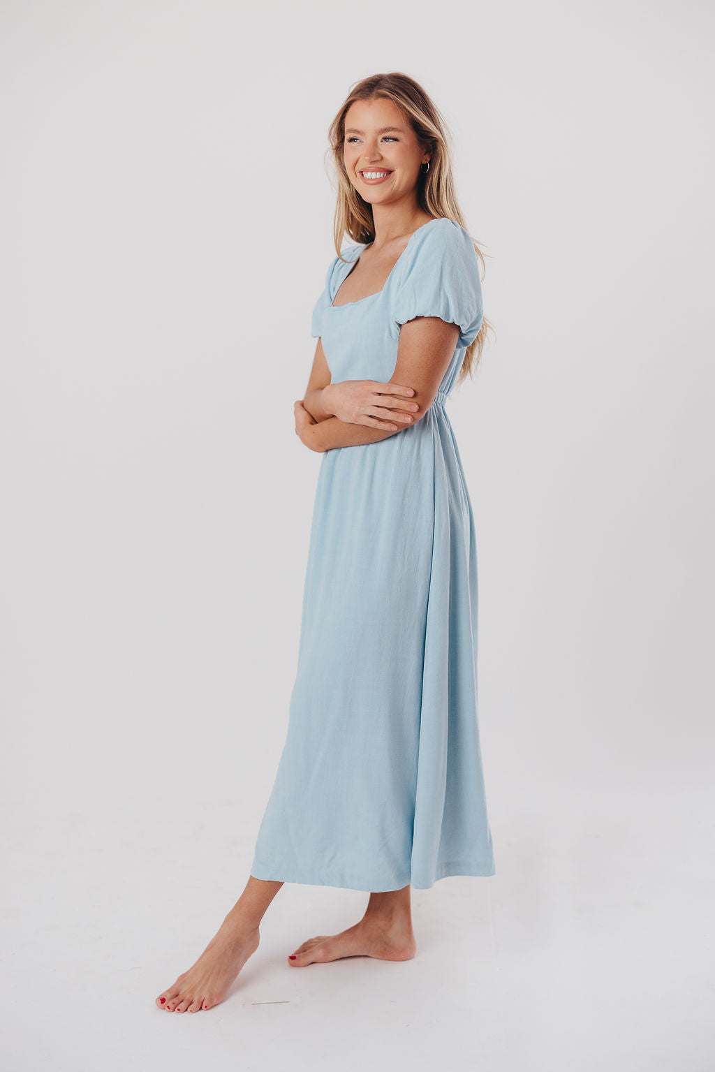 Ainsley Square Neck Midi Dress with Puffed Sleeves in Baby Blue - Bump Friendly & Inclusive Sizing (S-3XL)