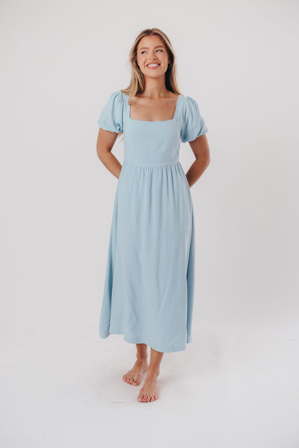 Ainsley Square Neck Midi Dress with Puffed Sleeves in Baby Blue - Bump Friendly & Inclusive Sizing (S-3XL)