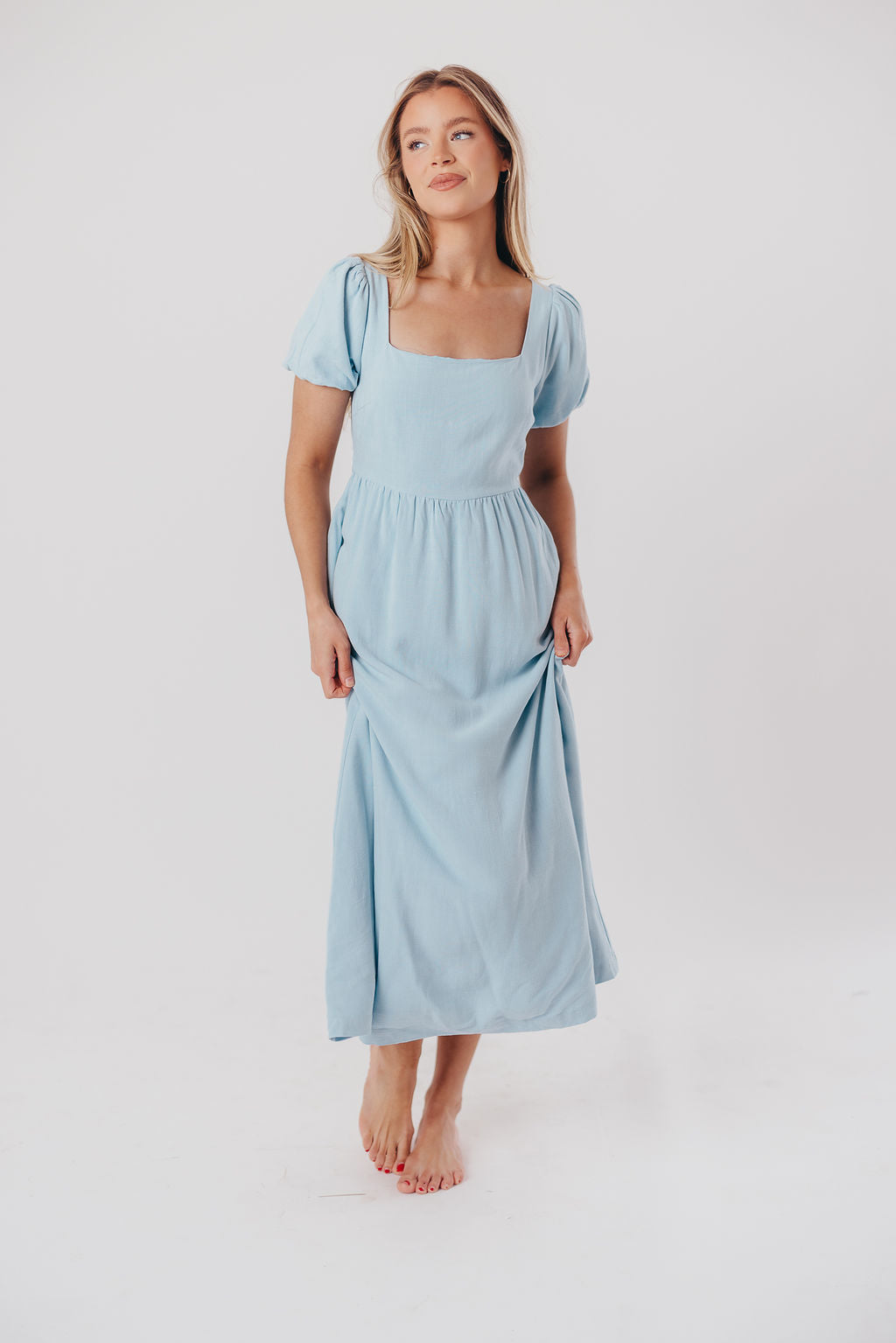 Ainsley Square Neck Midi Dress with Puffed Sleeves in Baby Blue - Bump Friendly & Inclusive Sizing (S-3XL)