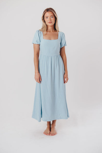 Ainsley Square Neck Midi Dress with Puffed Sleeves in Baby Blue - Bump Friendly & Inclusive Sizing (S-3XL)