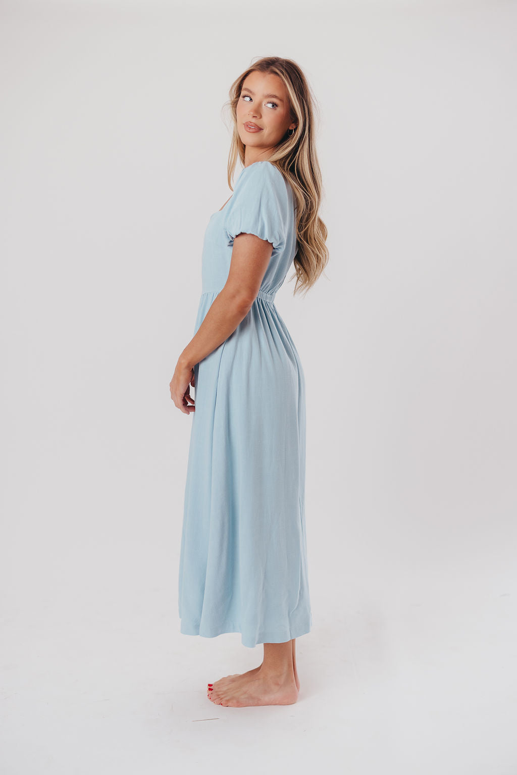 Ainsley Square Neck Midi Dress with Puffed Sleeves in Baby Blue - Bump Friendly & Inclusive Sizing (S-3XL)