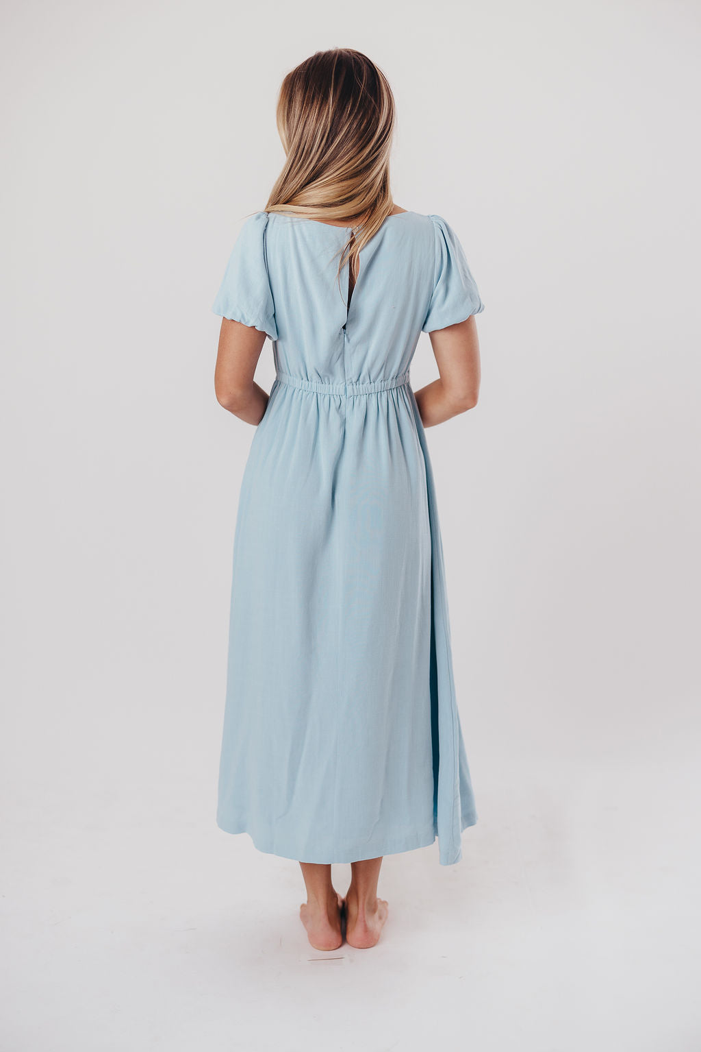 Ainsley Square Neck Midi Dress with Puffed Sleeves in Baby Blue - Bump Friendly & Inclusive Sizing (S-3XL)