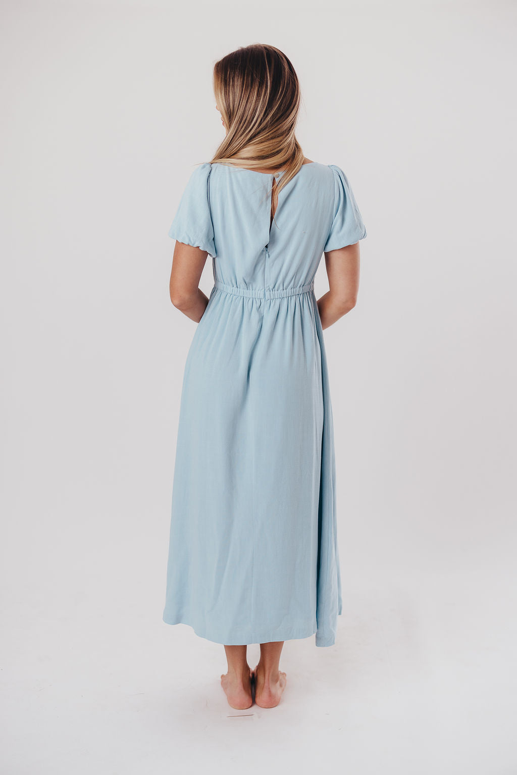 Ainsley Square Neck Midi Dress with Puffed Sleeves in Baby Blue - Bump Friendly & Inclusive Sizing (S-3XL)