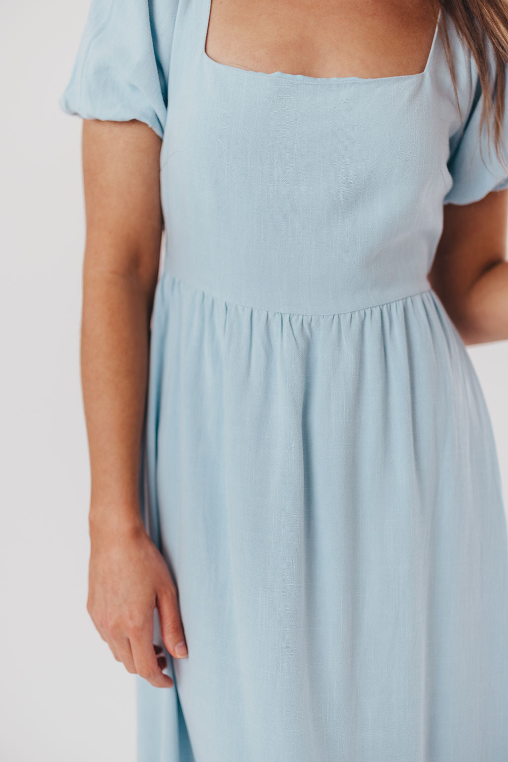 Ainsley Square Neck Midi Dress with Puffed Sleeves in Baby Blue - Bump Friendly & Inclusive Sizing (S-3XL)