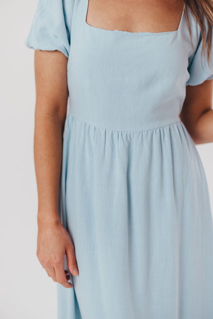 Ainsley Square Neck Midi Dress with Puffed Sleeves in Baby Blue - Bump Friendly & Inclusive Sizing (S-3XL)