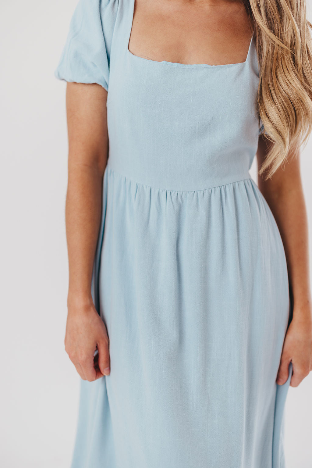 Ainsley Square Neck Midi Dress with Puffed Sleeves in Baby Blue - Bump Friendly & Inclusive Sizing (S-3XL)