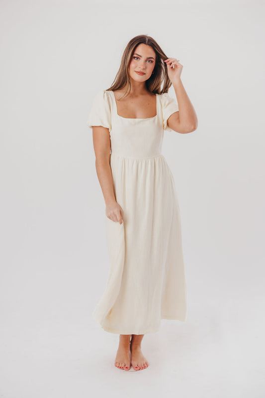 Ainsley Square Neck Midi Dress with Puffed Sleeves in Ivory- Bump Friendly & Inclusive Sizing (S-3XL)