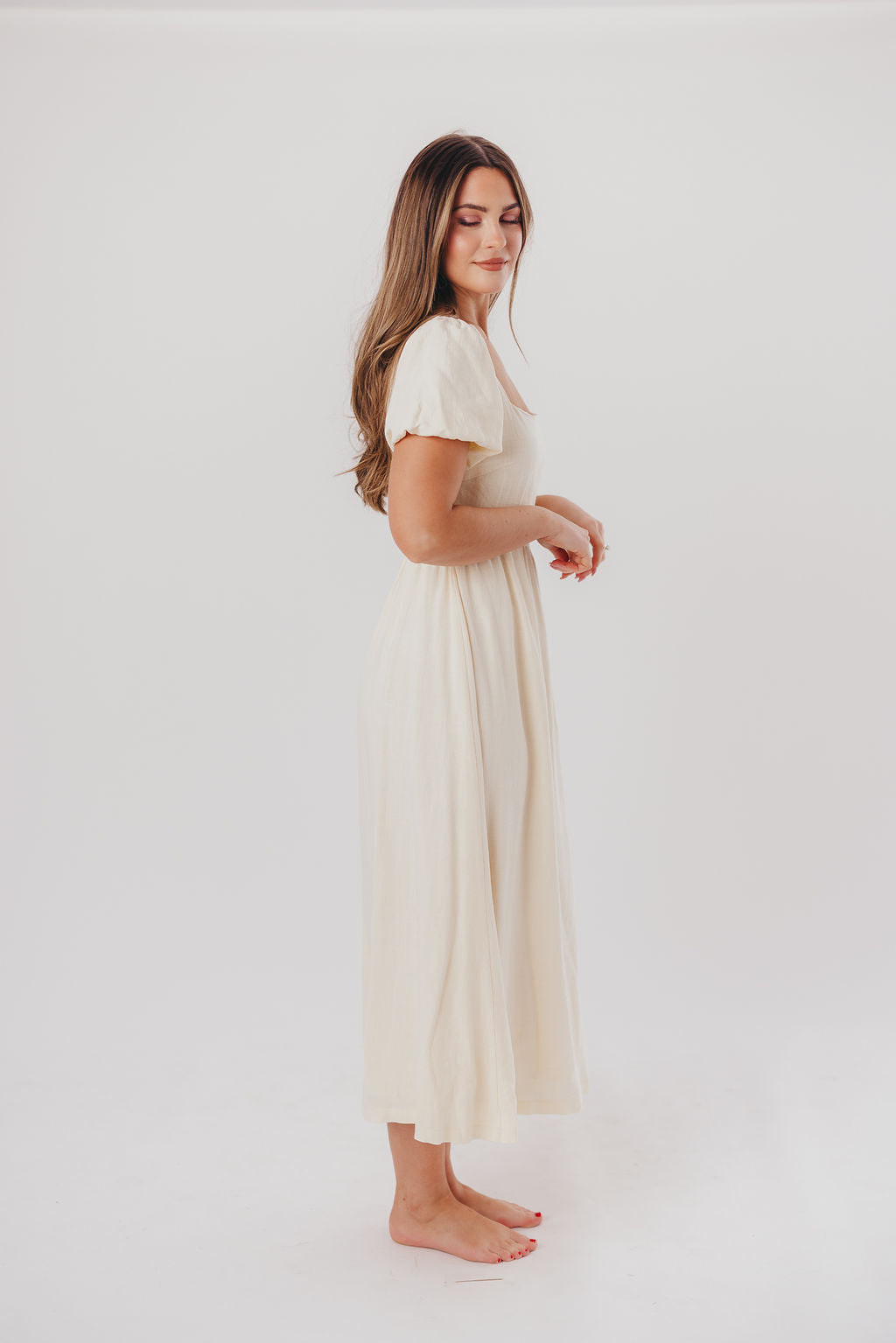 Ainsley Square Neck Midi Dress with Puffed Sleeves in Ivory- Bump Friendly & Inclusive Sizing (S-3XL)