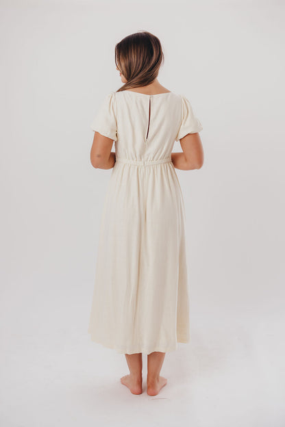 Ainsley Square Neck Midi Dress with Puffed Sleeves in Ivory- Bump Friendly & Inclusive Sizing (S-3XL)