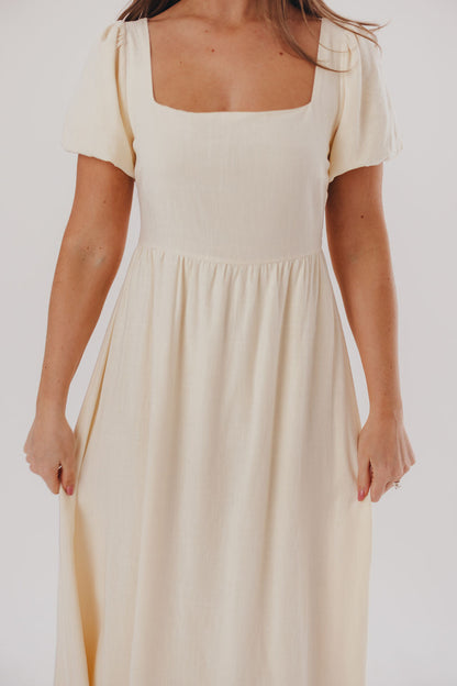 Ainsley Square Neck Midi Dress with Puffed Sleeves in Ivory- Bump Friendly & Inclusive Sizing (S-3XL)