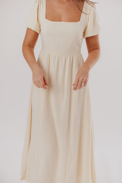 Ainsley Square Neck Midi Dress with Puffed Sleeves in Ivory- Bump Friendly & Inclusive Sizing (S-3XL)