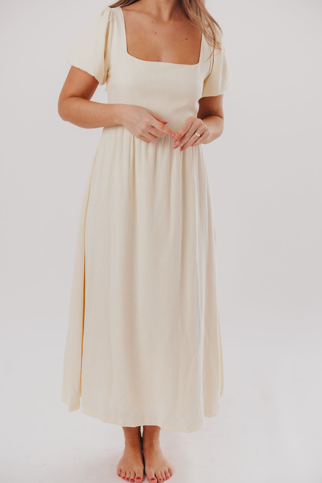 Ainsley Square Neck Midi Dress with Puffed Sleeves in Ivory- Bump Friendly & Inclusive Sizing (S-3XL)