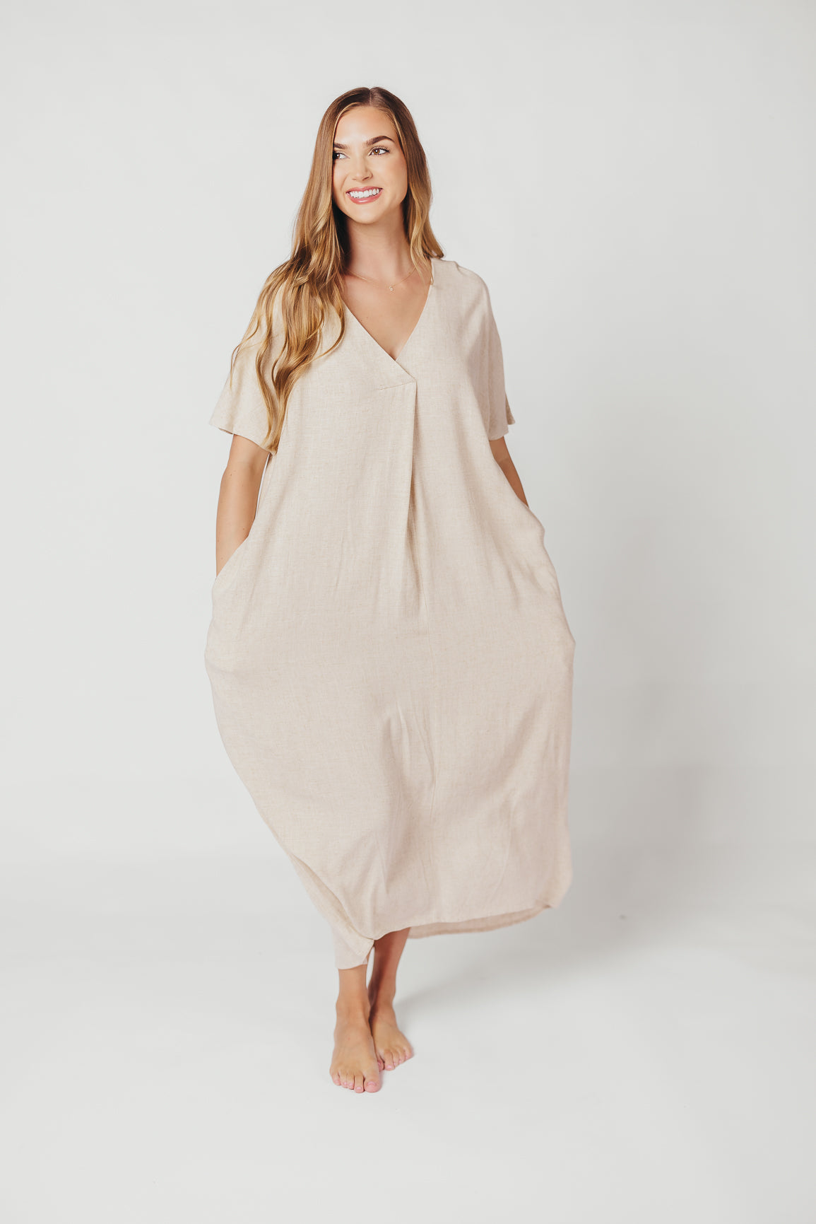 Lara Linen-Blend Midi Dress in Natural