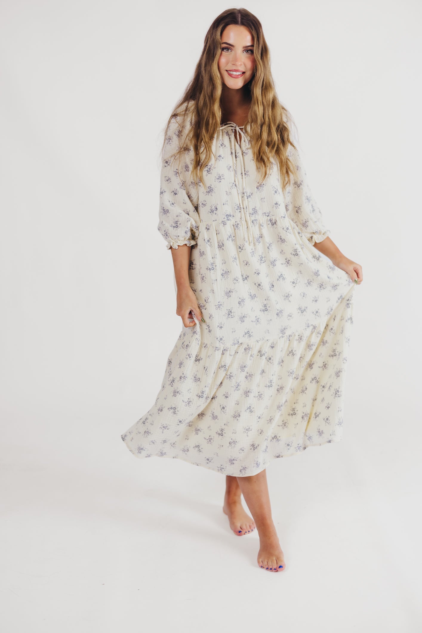 Jenna Tiered Gauze Midi Dress in Ivory Floral - Bump Friendly - Inclusive Sizing (S-3X)