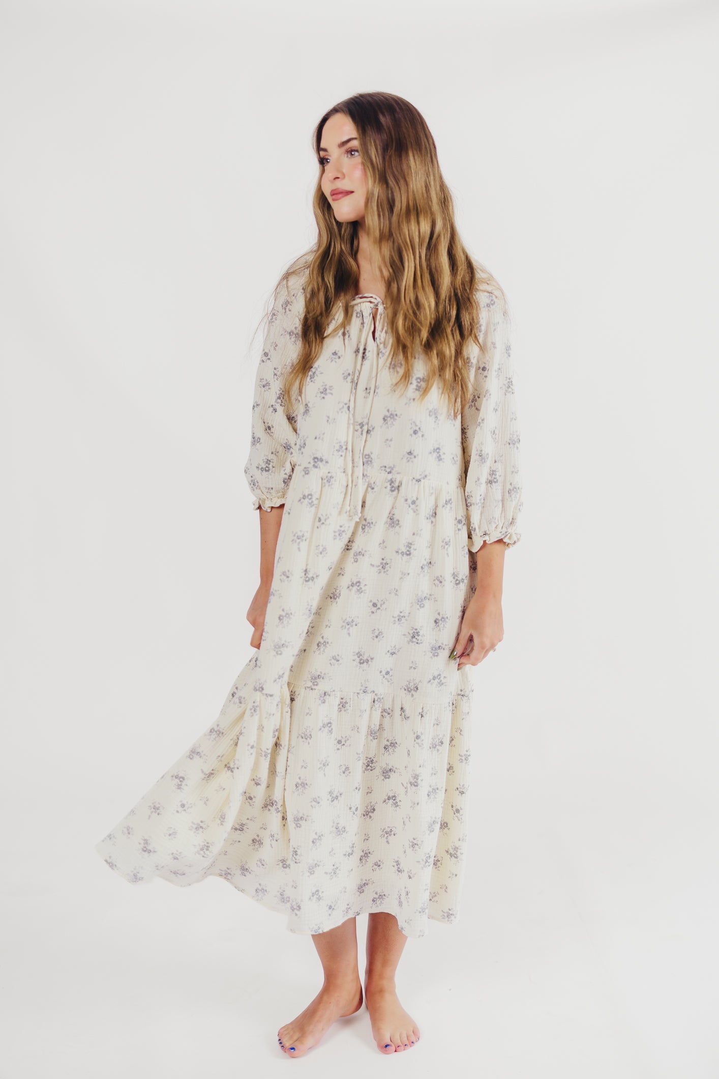 Jenna Tiered Gauze Midi Dress in Ivory Floral - Bump Friendly - Inclusive Sizing (S-3X)