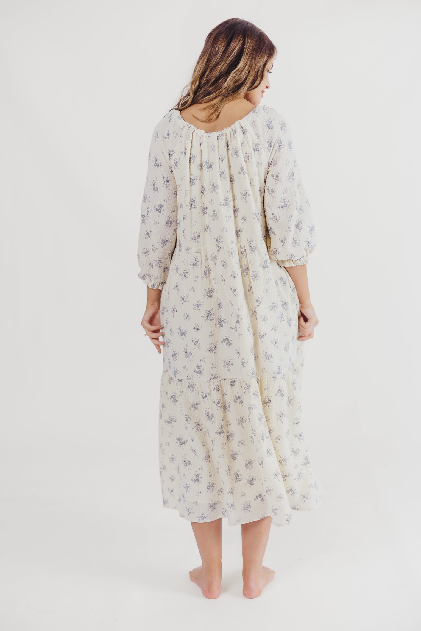 Jenna Tiered Gauze Midi Dress in Ivory Floral - Bump Friendly - Inclusive Sizing (S-3X)