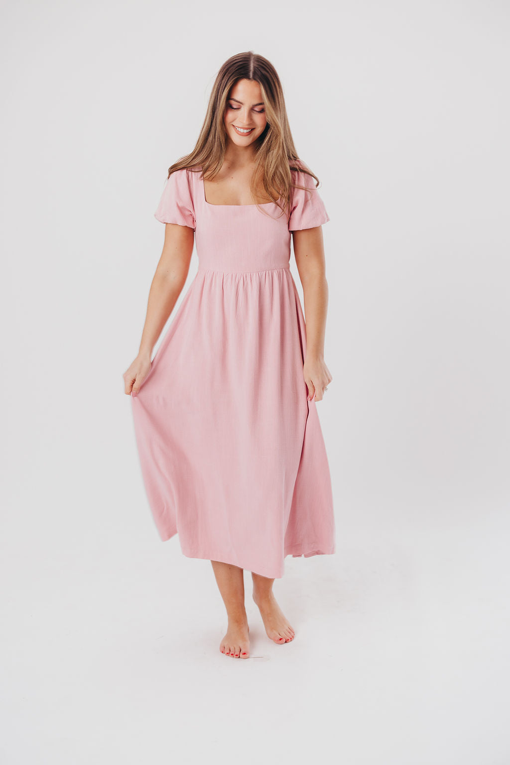 Ainsley Square Neck Midi Dress with Puffed Sleeves in Bright Blush - Bump Friendly & Inclusive Sizing (S-3XL)