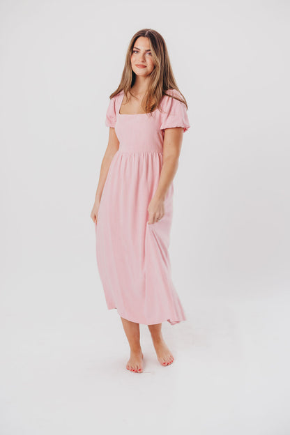 Ainsley Square Neck Midi Dress with Puffed Sleeves in Bright Blush - Bump Friendly & Inclusive Sizing (S-3XL)