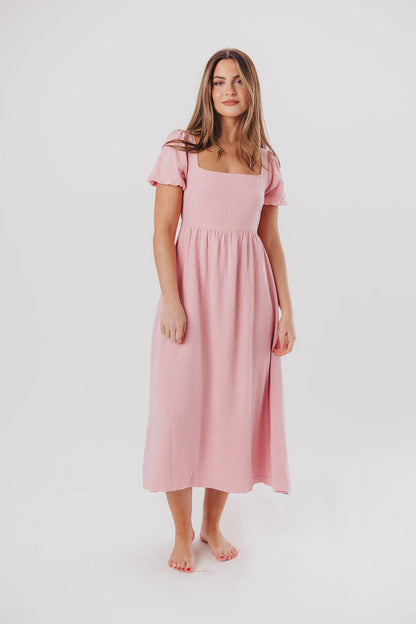 Ainsley Square Neck Midi Dress with Puffed Sleeves in Bright Blush - Bump Friendly & Inclusive Sizing (S-3XL)