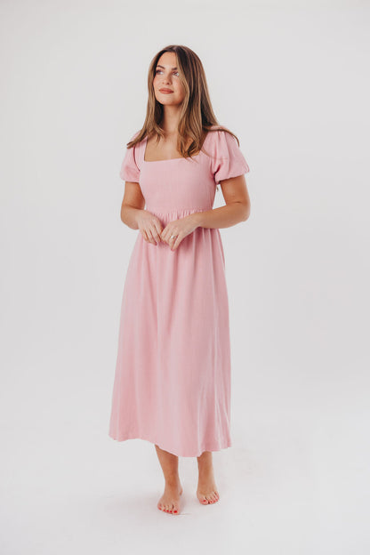 Ainsley Square Neck Midi Dress with Puffed Sleeves in Bright Blush - Bump Friendly & Inclusive Sizing (S-3XL)